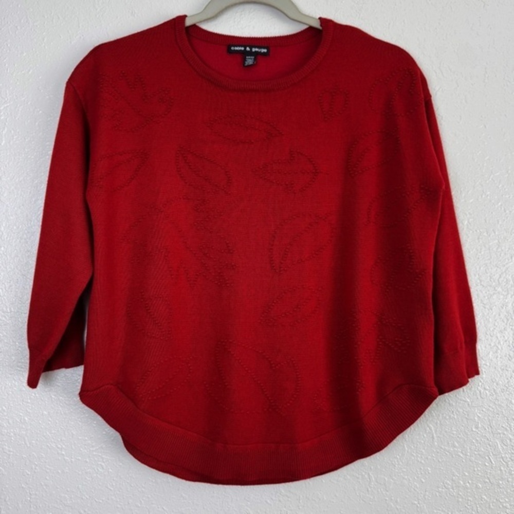 Cable & Gauge red Fall autumn leaves embossed sweater S